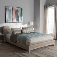 Baxton Studio CF8821-Light Beige/Natural-Queen Adelia Mid-Century Light Beige Whitewash Queen Size Platform Bed